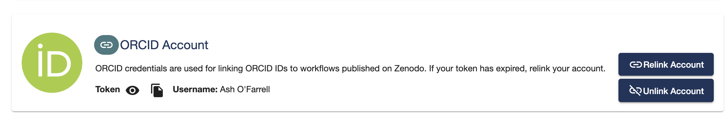 After linking ORCID to Dockstore there will be options to relink, unlick, or view your token